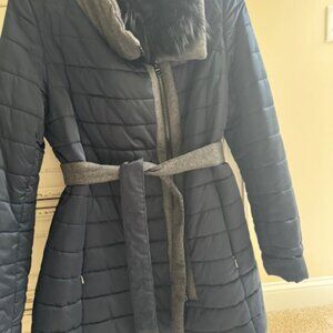 Maximillian Fur  Blue Puffer coat with removable Black Fox collar